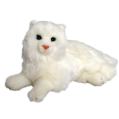 Kedves fehér színű és hosszúszőrű plüss macska.