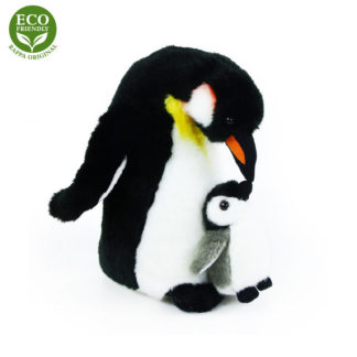 Valósághű plüss császárpingvin a kicsinyével