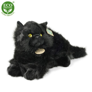 Élethű fekvő fekete plüss cica